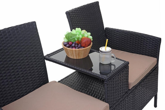 Cosmo Casa - Tuinbank met tafel - Zitgroep - Polyrotan - Zwart & Crème - 132 cm