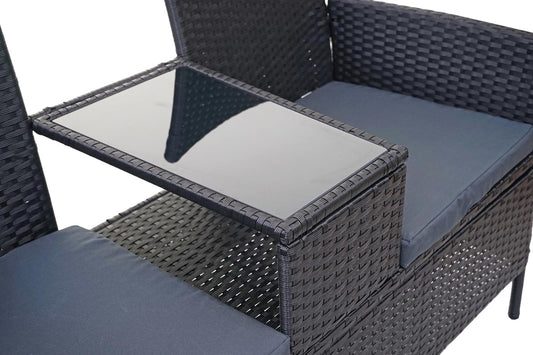 Cosmo Casa - Tuinbank met tafel - Zitgroep - Polyrotan - Zwart & Donkergrijs - 132 cm