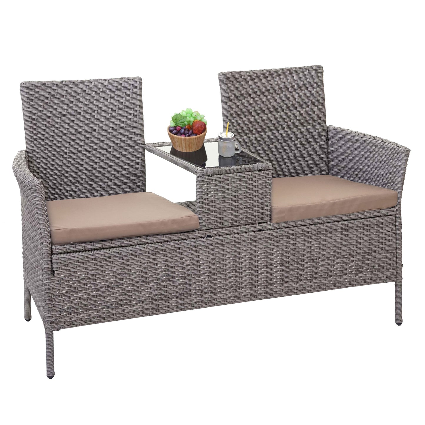Cosmo Casa - Tuinbank met tafel - Zitgroep - Polyrotan - Grijs & Crème - 132 cm
