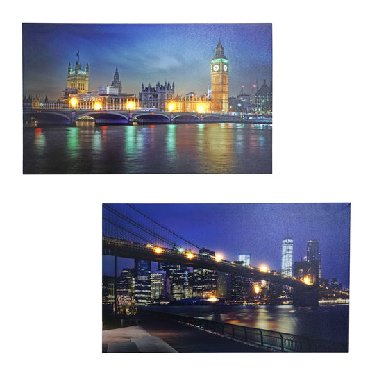 Cosmo Casa - Set van 2 LED-schilderijen - Verlicht - Canvas - Bridges - 40×60 cm