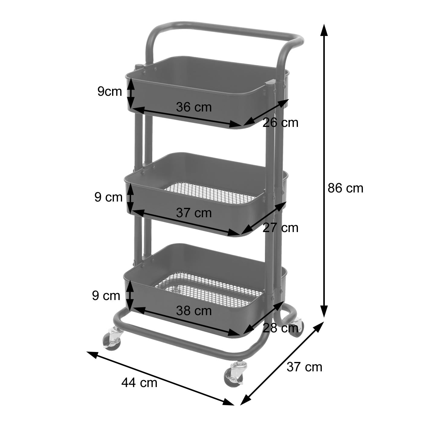 Cosmo Casa - Serveerwagen - Keukenwagen - Metaal - Zwart met Handgreep