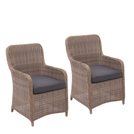 Cosmo Casa - Set van 2 poly rotan stoelen - Gesponnen halfrond rotan tuinstoel - Poly rotan - Beige - Kussen grijs