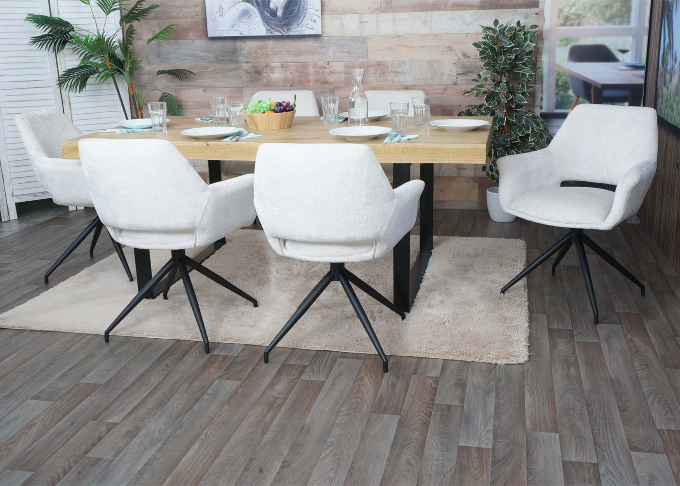 Cosmo Casa - Set van 6 Eetkamerstoelen - Keukenstoelen met Armleuning - Draaibaar met Automatische Positie - Metaaltextiel - Crèmewit