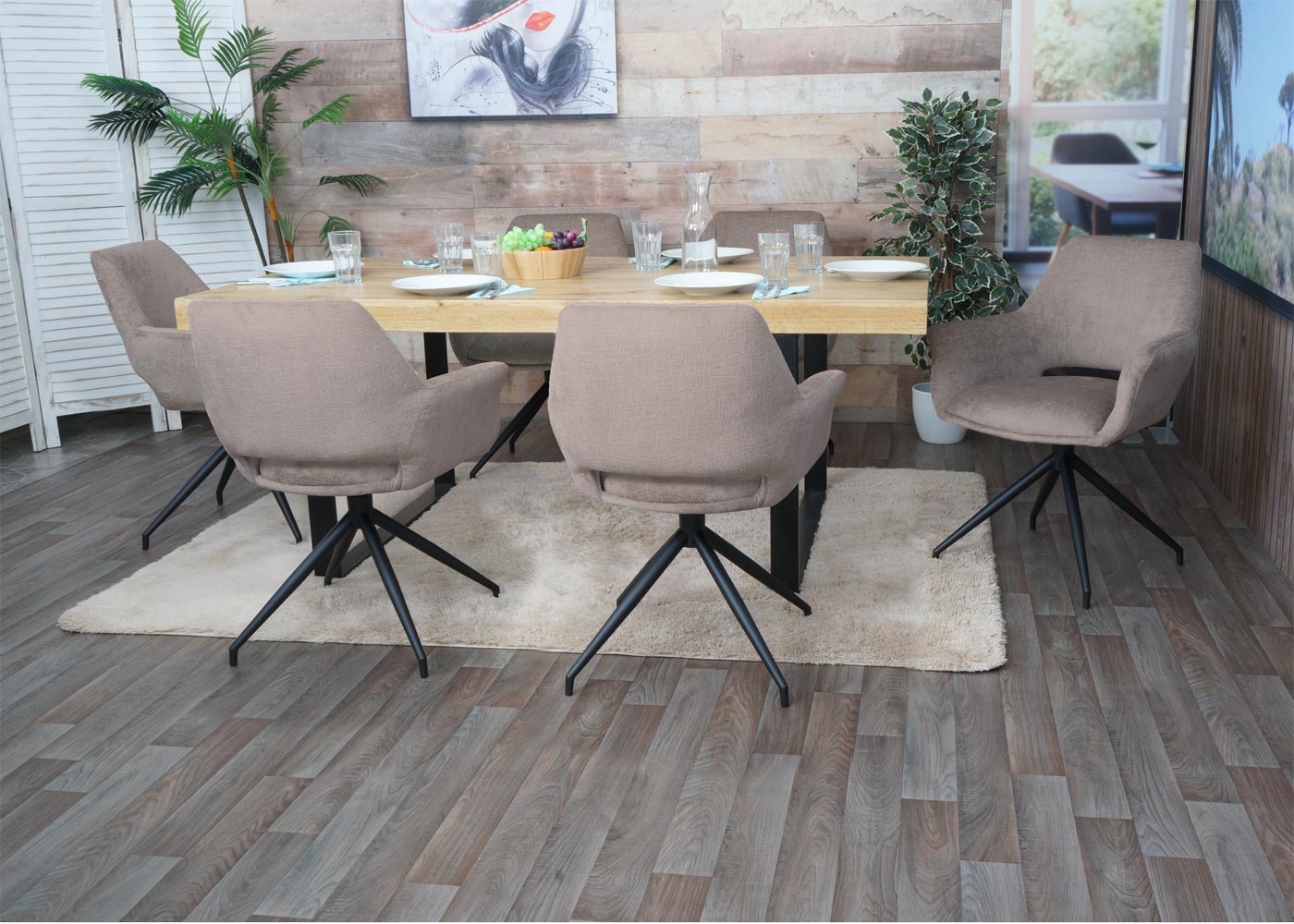 Cosmo Casa - Set van 6 Eetkamerstoelen - Keukenstoelen met Armleuning - Draaibaar met Automatische Positie - Metaaltextiel - Taupe