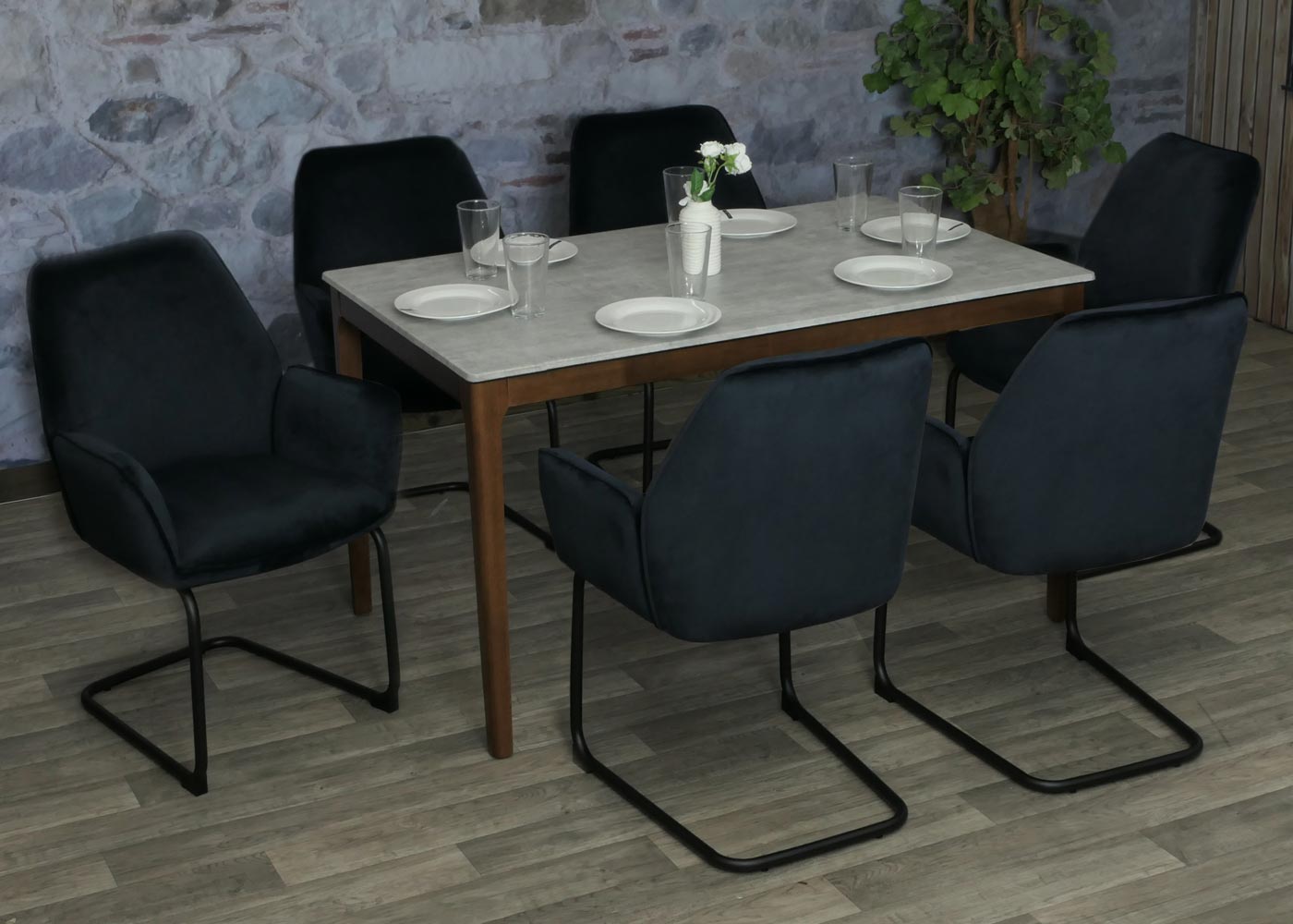 Cosmo Casa - Set van 6 Sledestoelen - Eetkamerstoelen - Keukenstoelen - Textiel - Antracietblauw