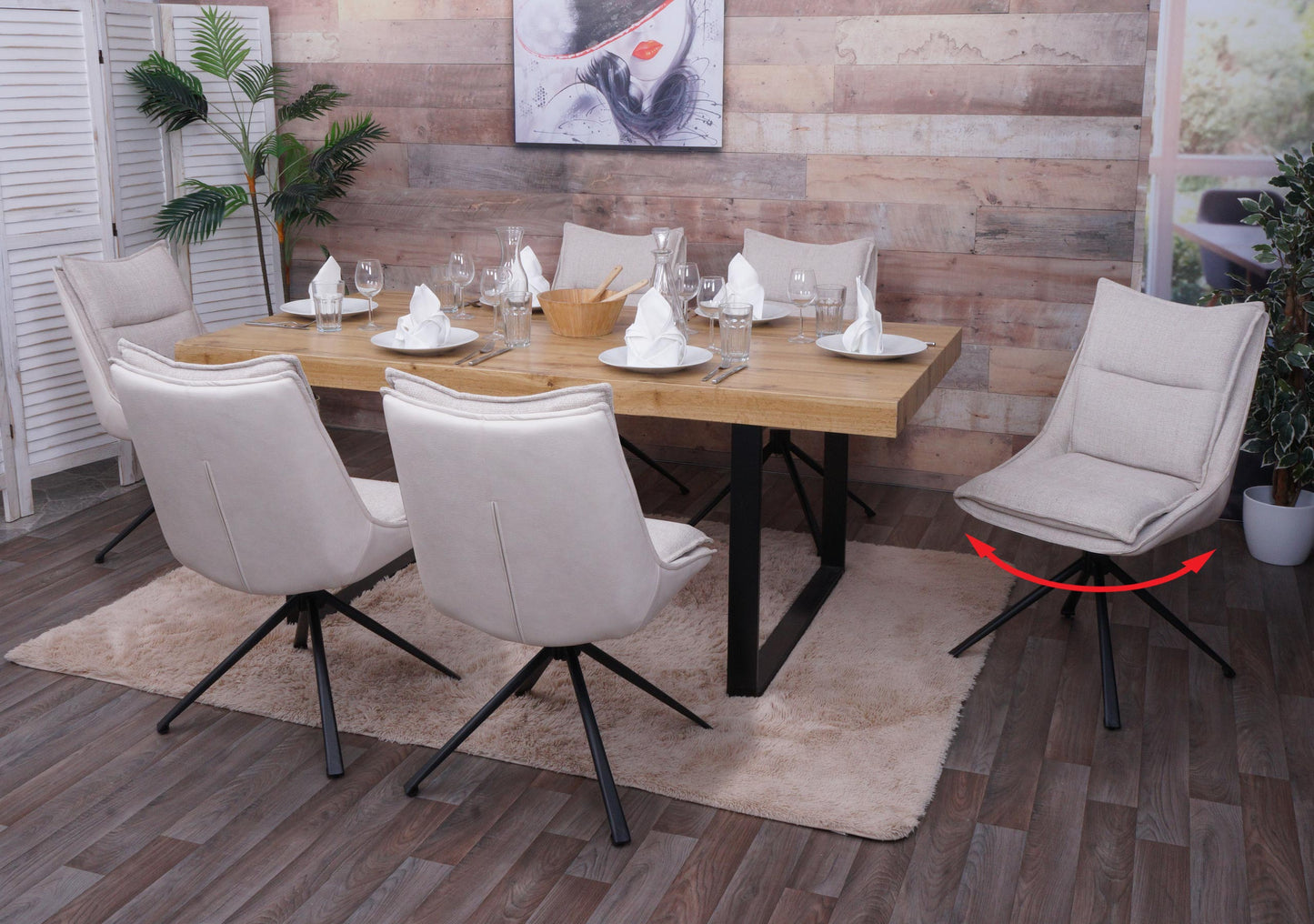 Cosmo Casa - Set van 6 Eetkamerstoelen - Keukenstoel - Draaibaar met Auto-Return - Textiel - Crèmebeige