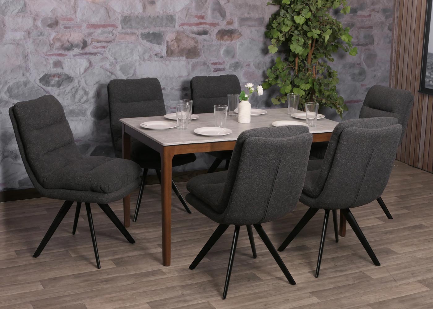 Cosmo Casa - Set van 6 Eetkamerstoelen - Draaibaar Auto-positie - Bouclé Stof - Donkergrijs