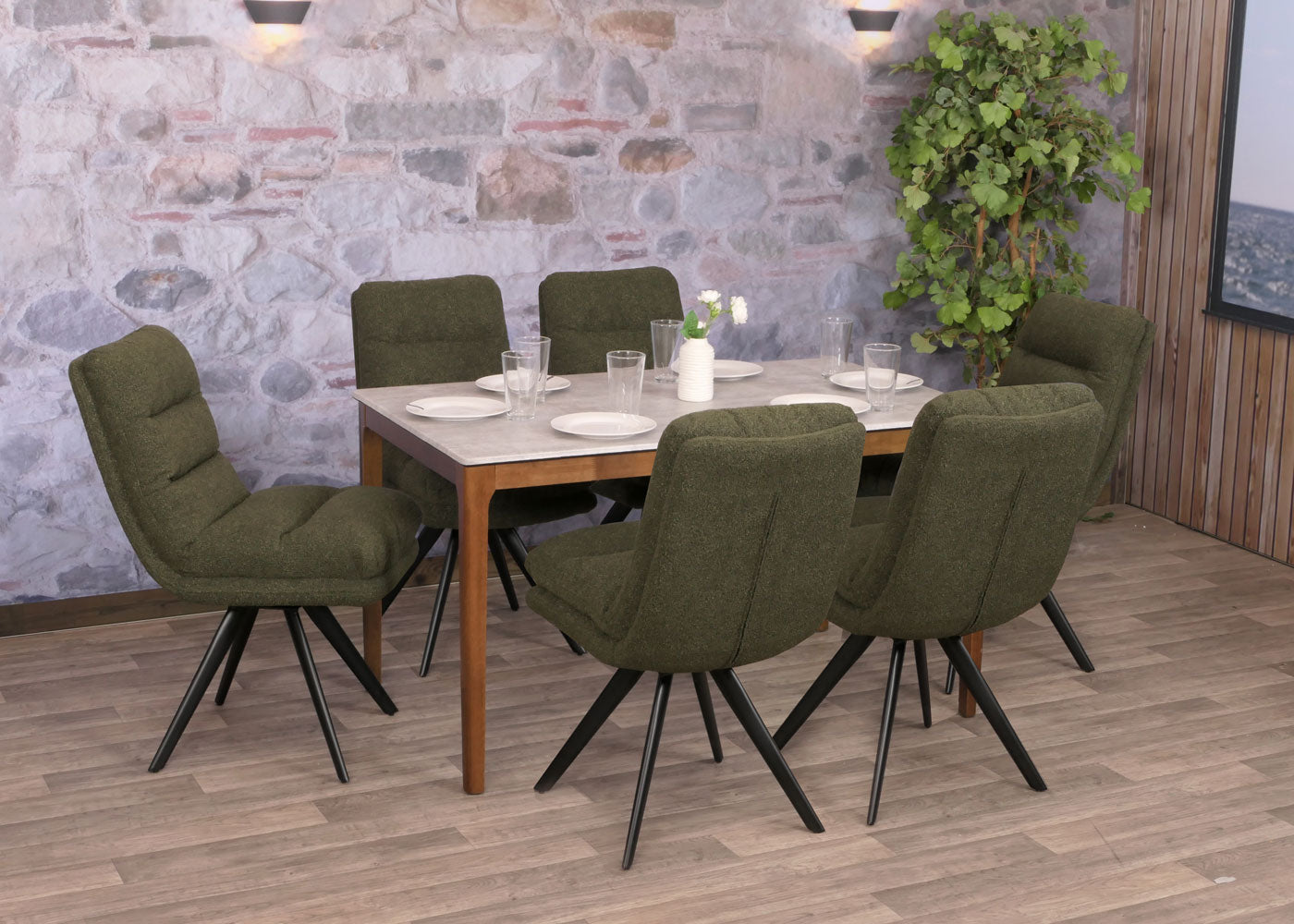 Cosmo Casa - Set van 6 Eetkamerstoelen - Draaibaar Auto-positie - Bouclé Stof - Groen