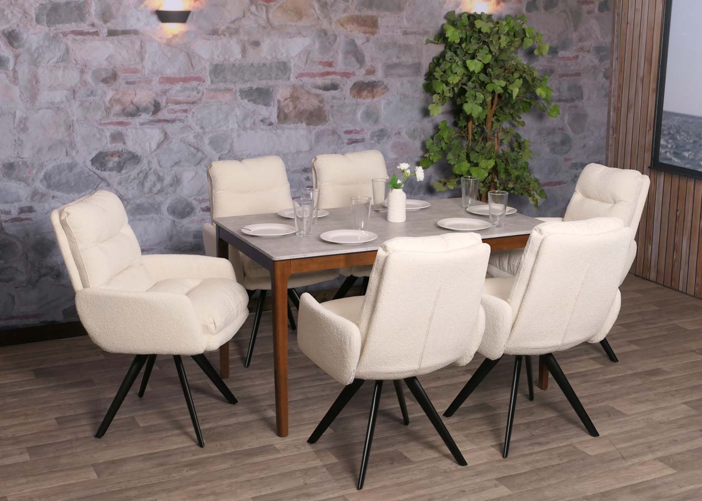 Cosmo Casa - Set van 6 Eetkamerstoelen - Draaibaar Auto-positie - Bouclé Stof - Crèmewit