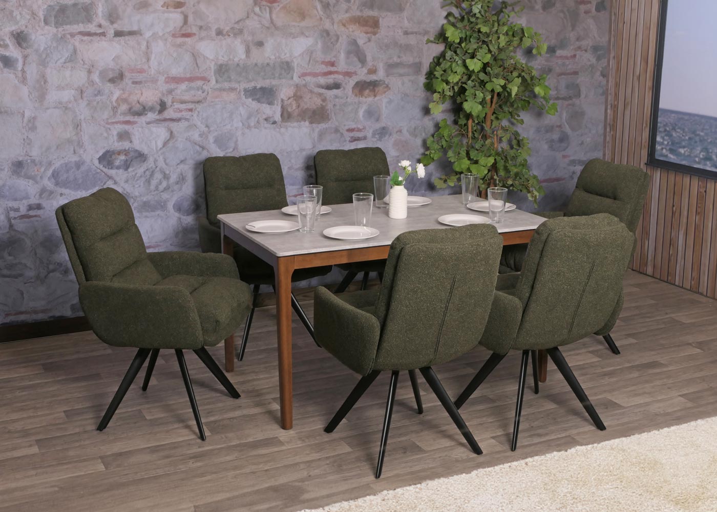 Cosmo Casa - Set van 6 Eetkamerstoelen - Draaibaar Auto-positie - Bouclé Stof - Groen