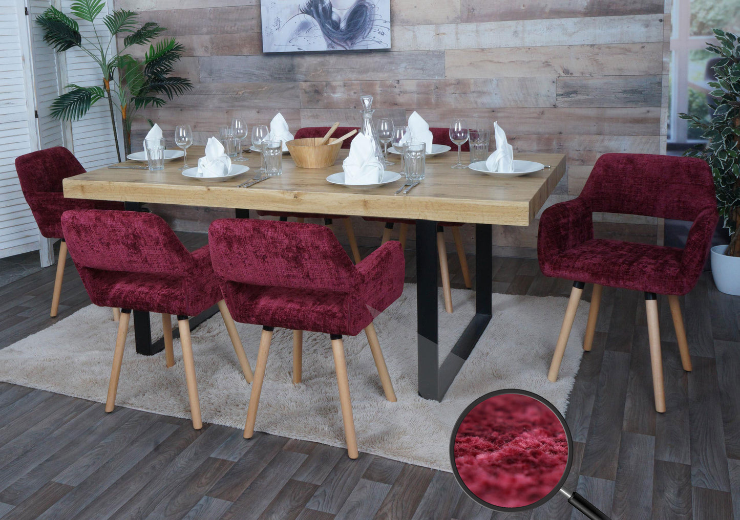 Cosmo Casa - Set van 6 Eetkamerstoelen - Keukenstoelen - Gestoffeerde Stoelen - Hout - Stoftextiel Chenille - 465gm - FSC - Bordeaux