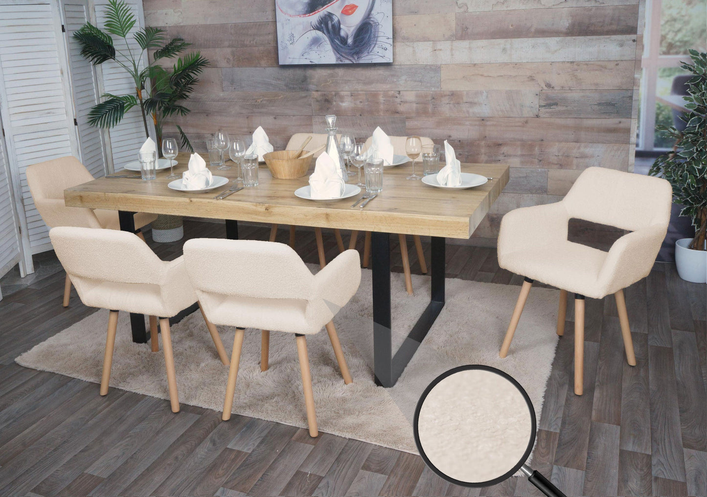 Cosmo Casa - Set van 6 Eetkamerstoelen - Keukenstoelen - Gestoffeerde Stoelen - Hout - Stoftextiel Bouclé - 450gm - FSC - Beige