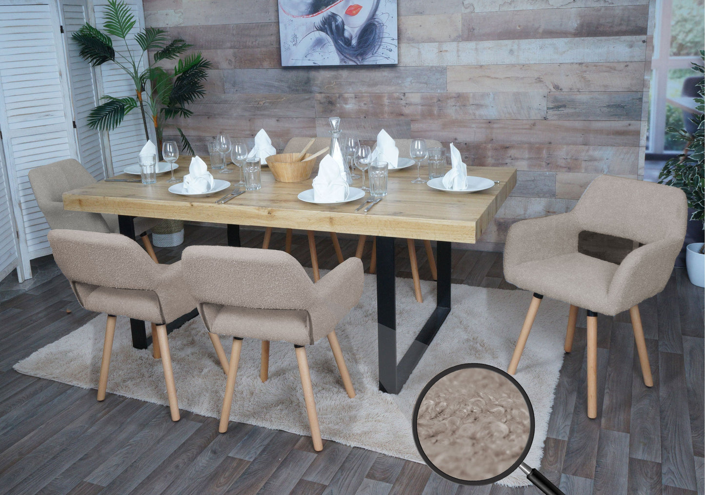 Cosmo Casa - Set van 6 Eetkamerstoelen - Keukenstoel - Gestoffeerde Stoel - Hout - Stoftextiel Bouclé - 450gm - FSC - Taupe