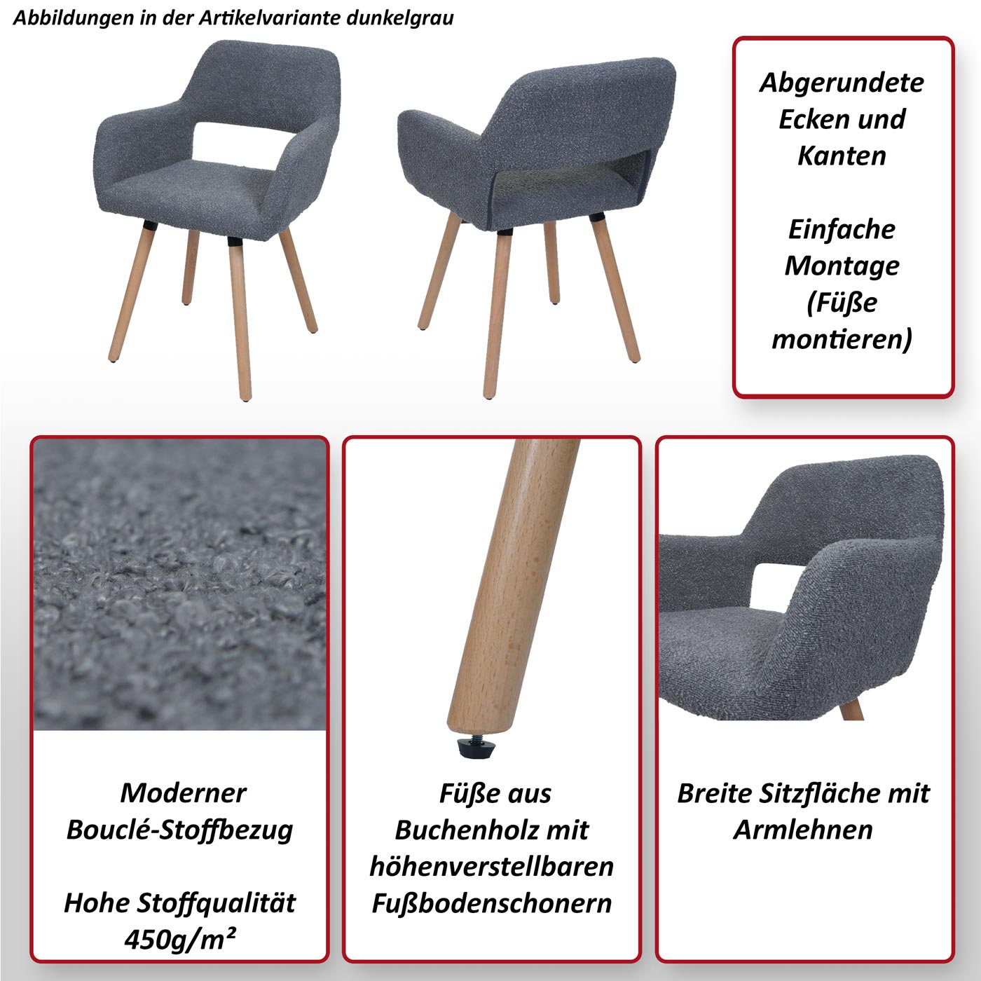 Cosmo Casa - Set van 6 Eetkamerstoelen - Keukenstoel - Gestoffeerde Stoel - Hout - Stoftextiel Bouclé - 450gm - FSC - Grijs
