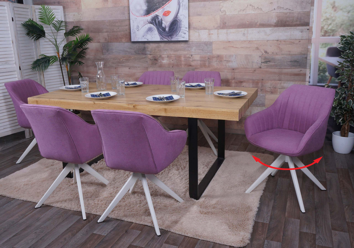 Cosmo Casa - Set van 6 Eetkamerstoelen - Keukenstoel met Armleuningen - Draaibaar - Textiel - Paars