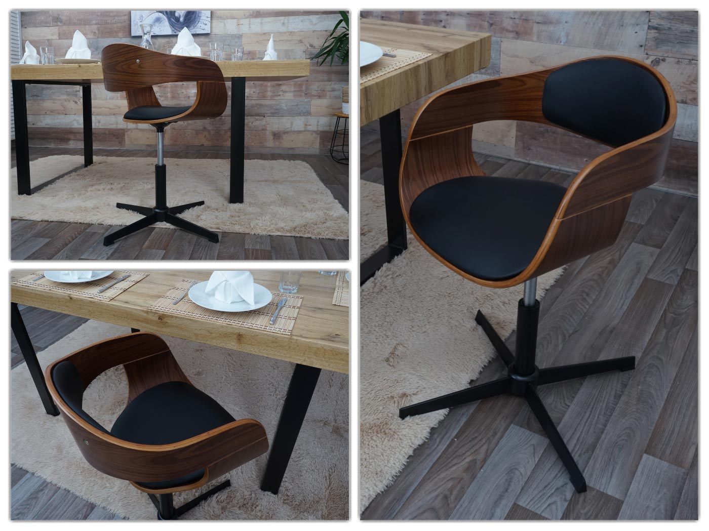 Cosmo Casa - Eetkamerstoelen set van 6 - Draaibaar verstelbaar - Gebogen hout - Zwart imitatieleer - FSC