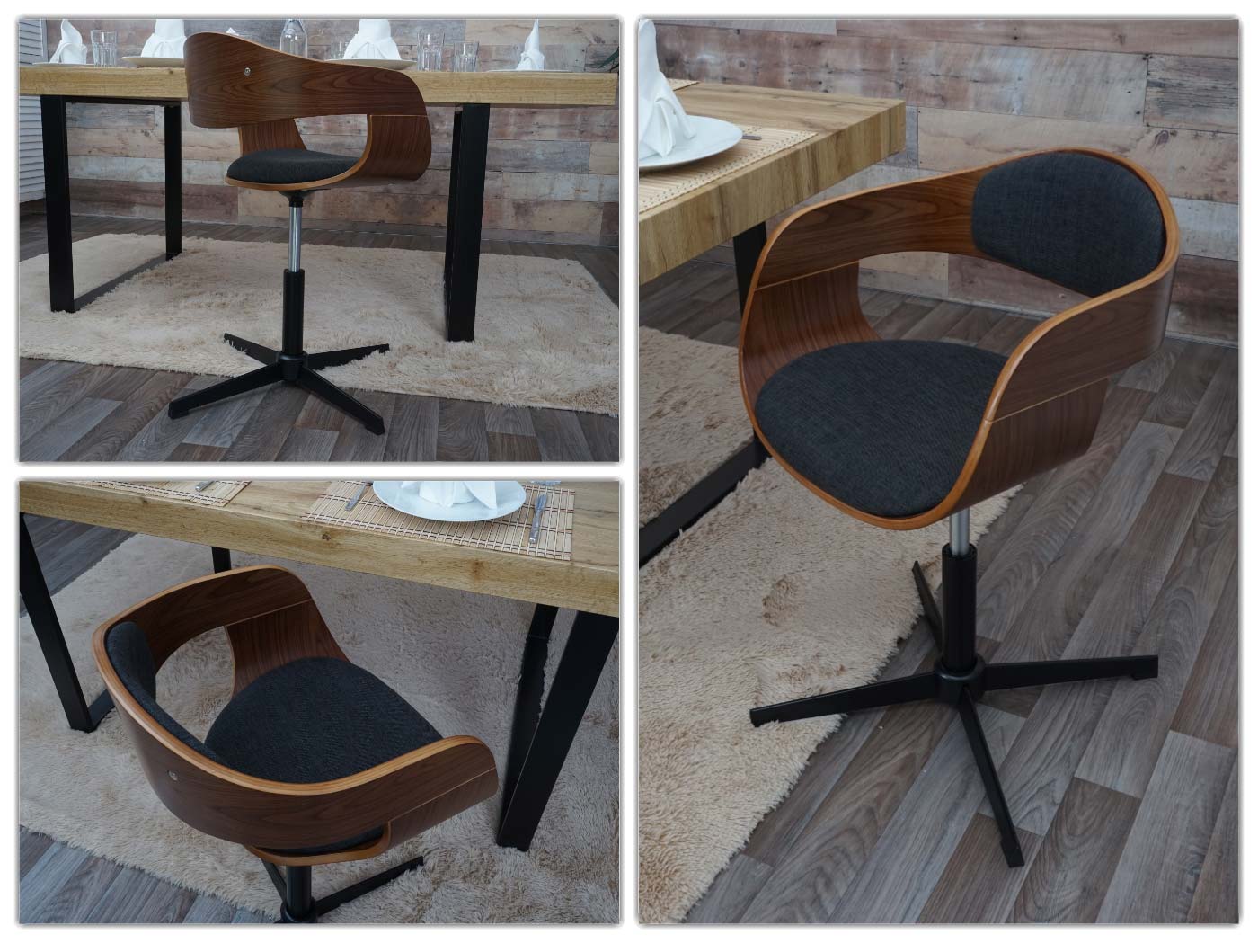 Cosmo Casa - Eetkamerstoelen set van 6 - Draaibaar verstelbaar - Gebogen hout - Donkergrijs textiel - FSC