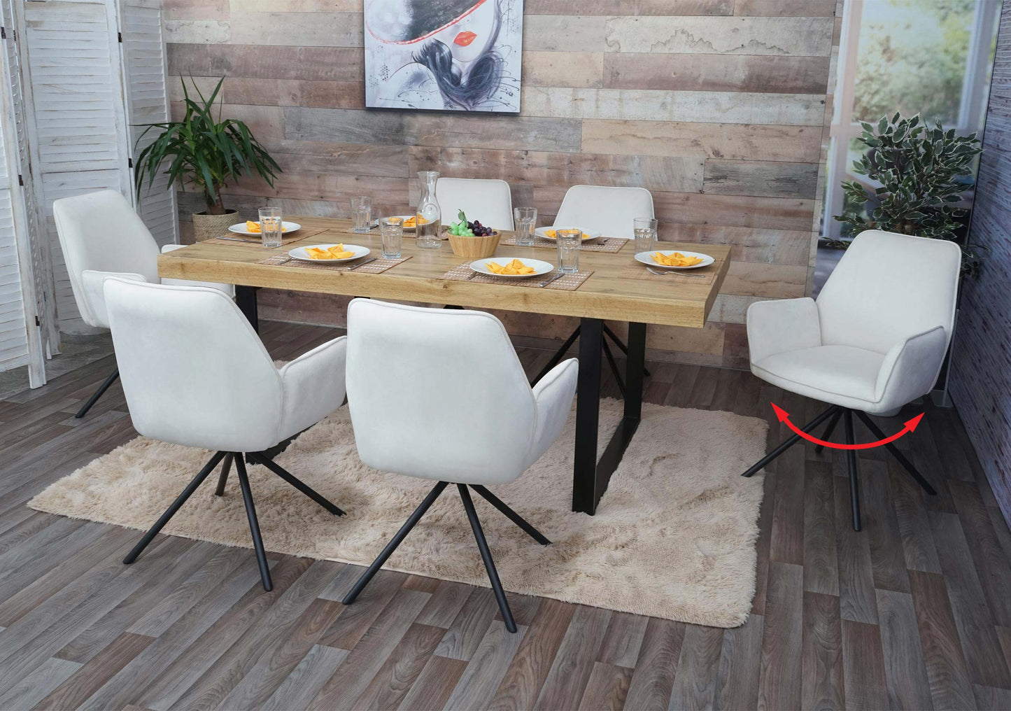 Cosmo Casa - Set van 6 Eetkamerstoelen - Keukenstoelen met Armleuningen - Fluweel - Crèmebeige - Zwarte Poten