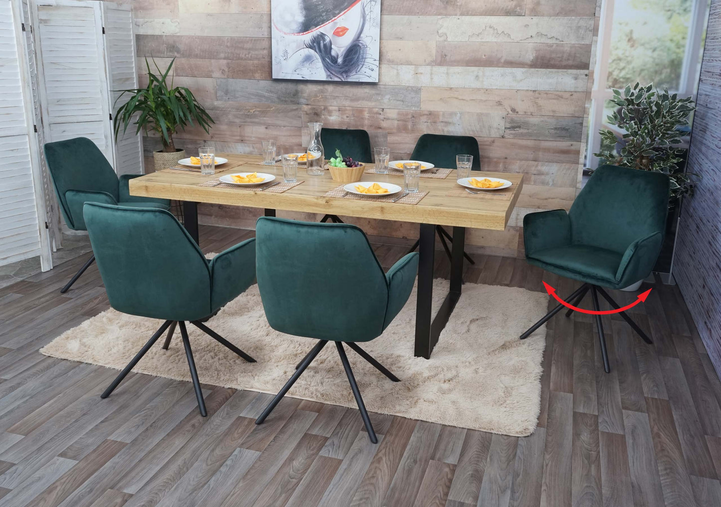 Cosmo Casa - Set van 6 Eetkamerstoelen - Keukenstoelen met Armleuningen - Fluweel - Groen - Zwarte Poten