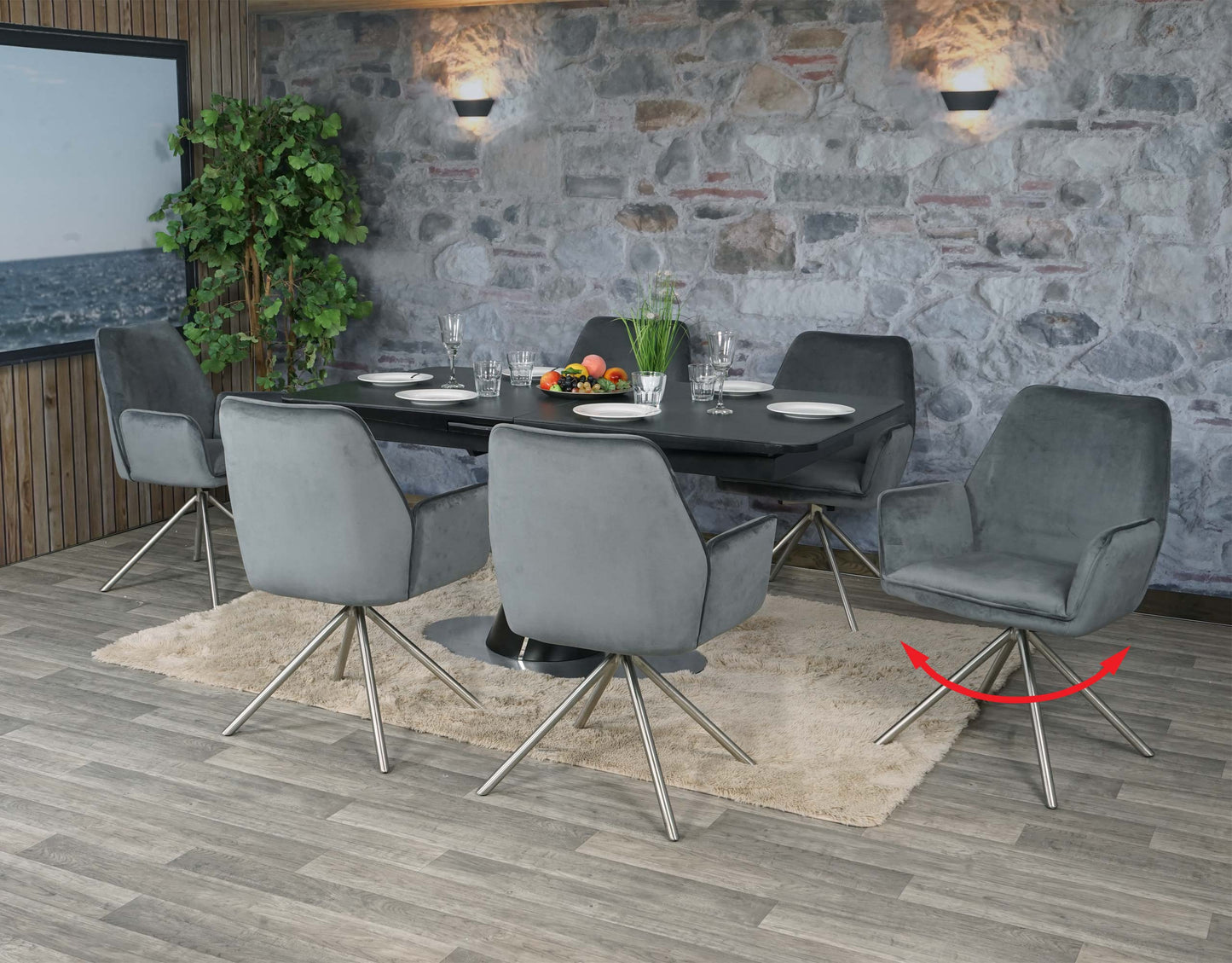 Cosmo Casa - Set van 6 Eetkamerstoelen - Automatisch positionerend - Fluweel - Donkergrijs & RVS