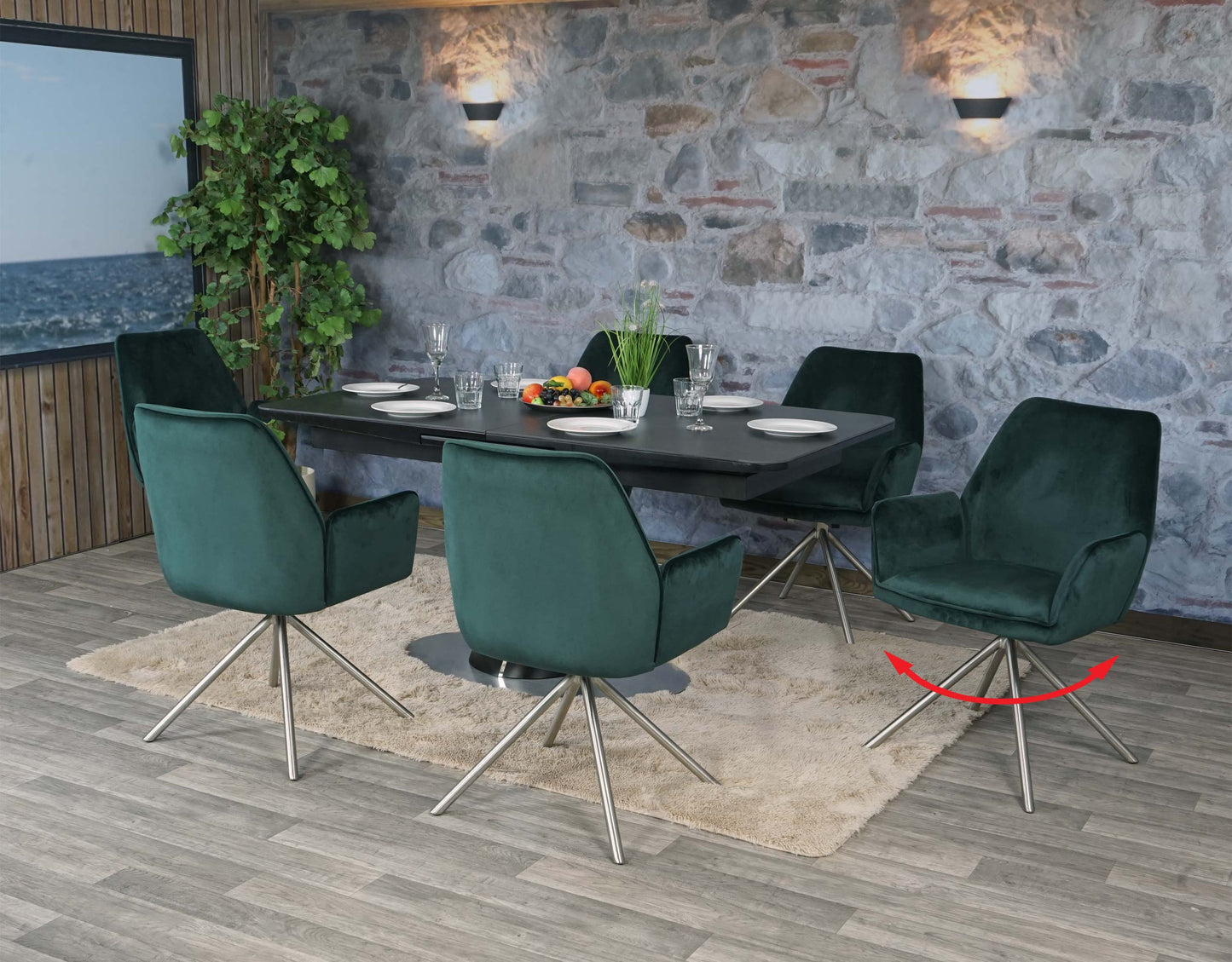 Cosmo Casa - Set van 6 Eetkamerstoelen - Automatisch positionerend - Fluweel - Groen & RVS