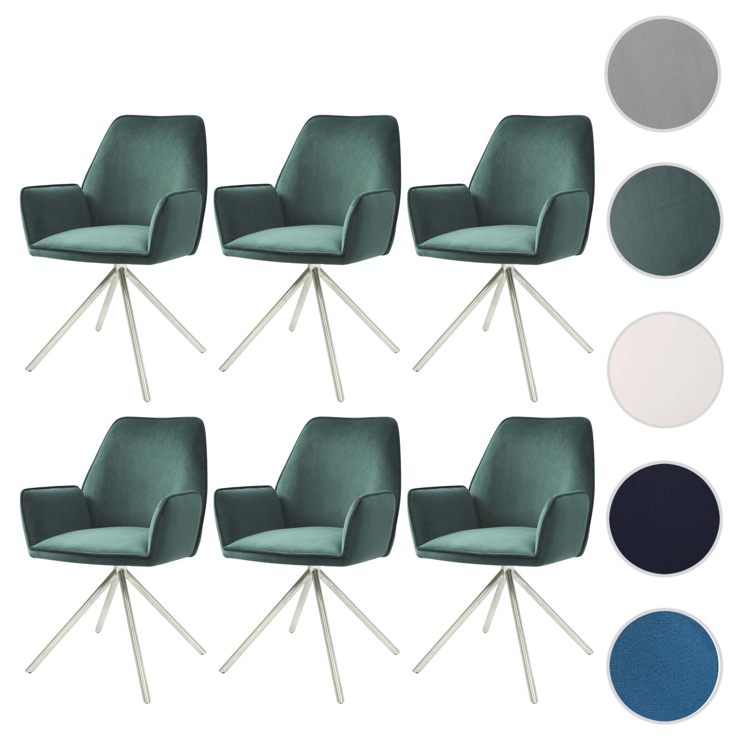Cosmo Casa - Set van 6 Eetkamerstoelen - Automatisch positionerend - Fluweel - Groen & RVS