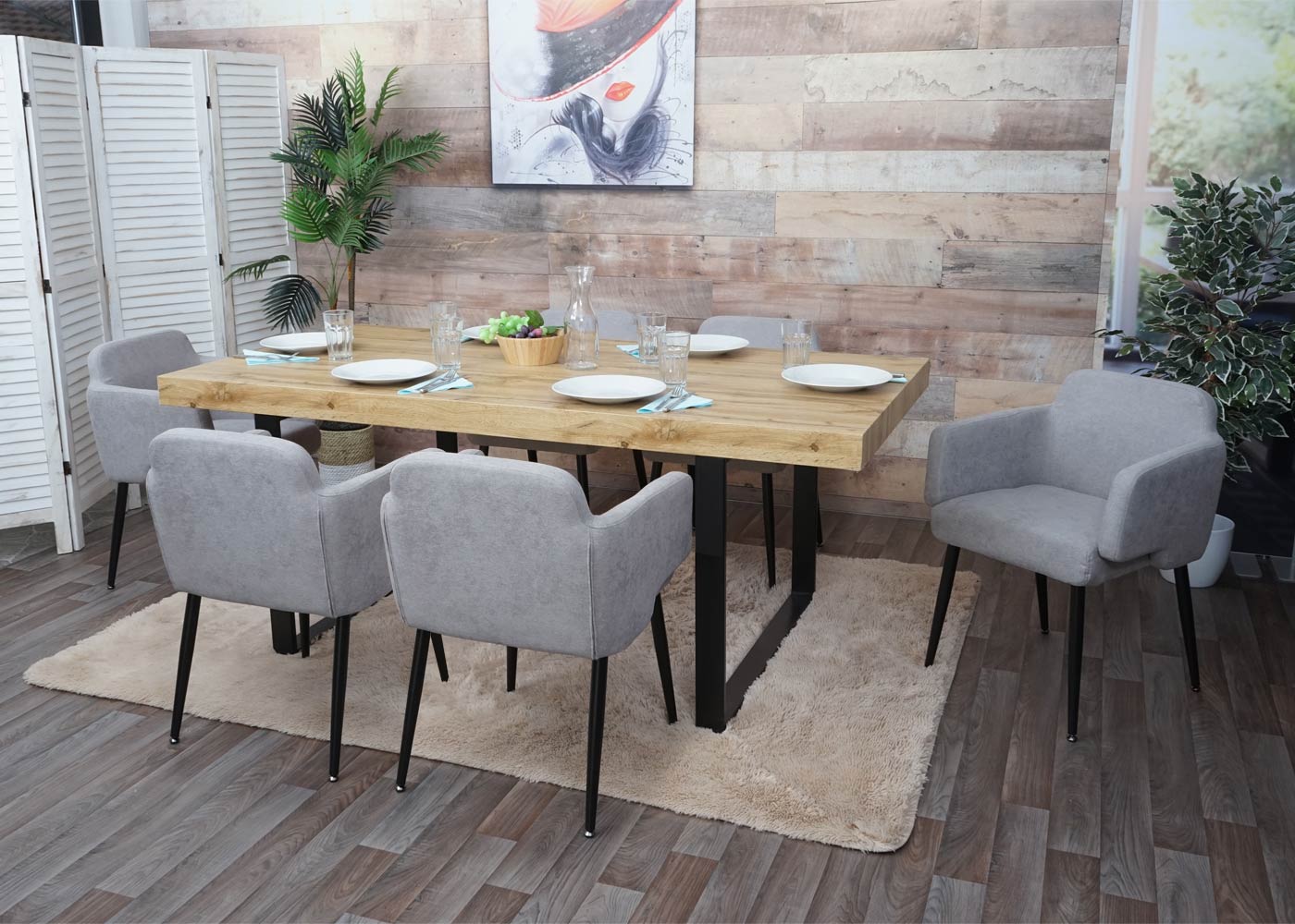 Cosmo Casa - Set van 6 Eetkamerstoelen - Gestoffeerd met Armleuningen - Textiel & Metaal - Grijs