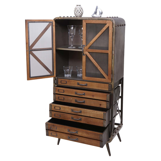 Cosmo Casa - Hoge kast - Apothekers - Hout & Metaal - Bruin-Zwart - 128×60×33 cm