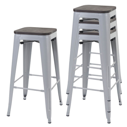 Cosmo Casa - Set van 4 Barkrukken - Stapelbaar - Metaal & Hout - Grijs