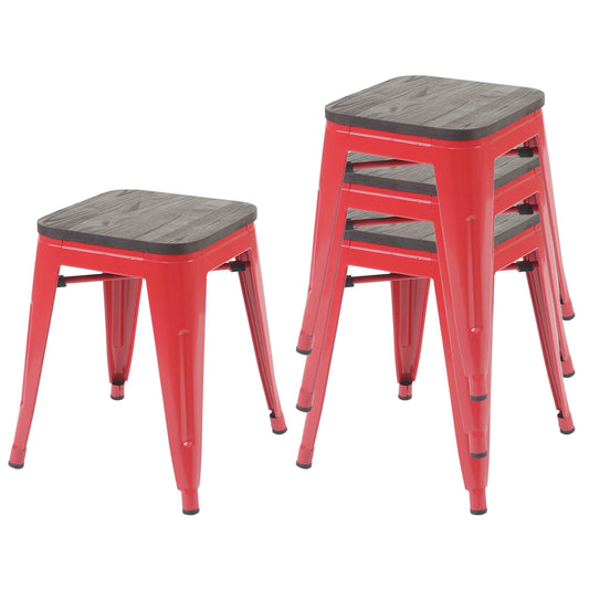 Cosmo Casa - Set van 4 Krukken - Stapelbaar - Metaal & Hout - Rood