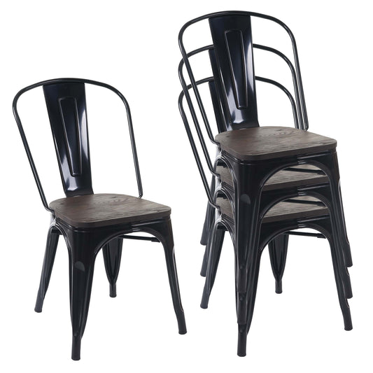 Cosmo Casa - Set van 4 Bistrostoelen - Stapelbaar - Metaal & Hout - Zwart