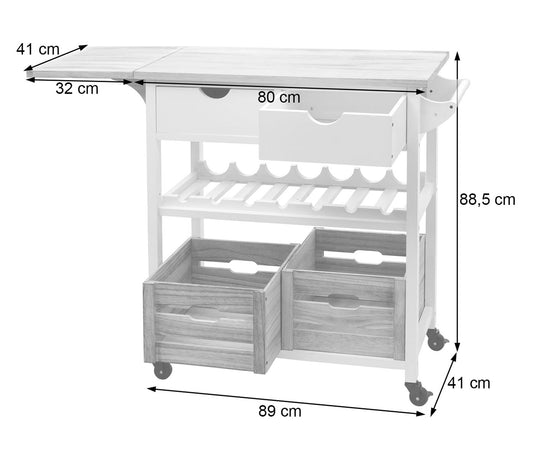 Cosmo Casa - Serveerwagen - Keukentrolley - Grenen hout - Naturel & Wit - 89×119×41 cm