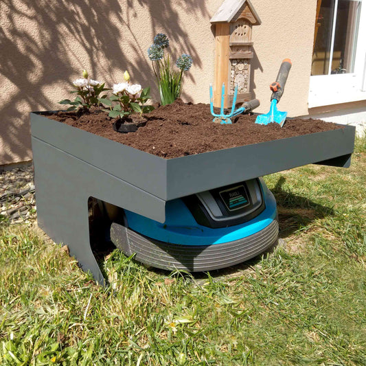 Cosmo Casa - Robotmaaiergarage met plantenbak - Overkapping - Metaal - Antraciet - 37×60×70 cm