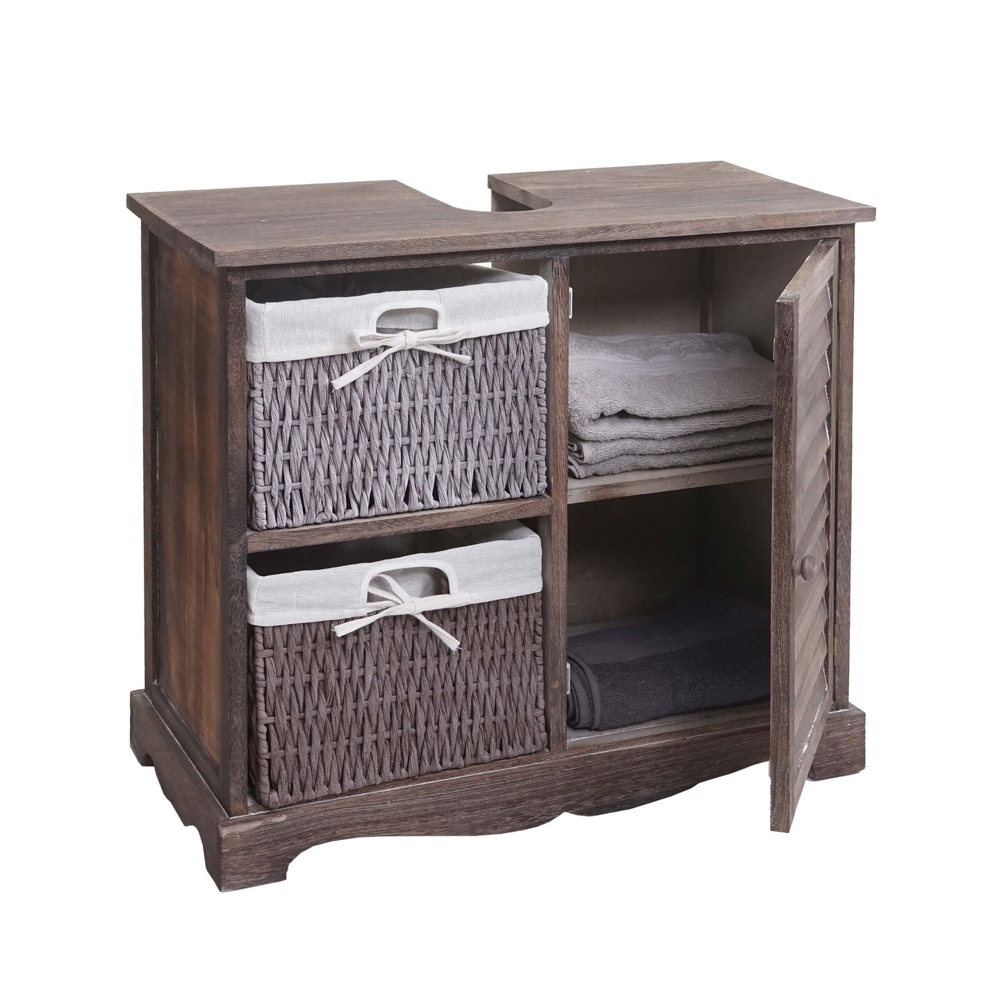 Cosmo Casa - Gootsteenonderkast met mandlade - Badkamermeubel - Massief hout - Shabby bruin - 60 x 65 x 31 cm