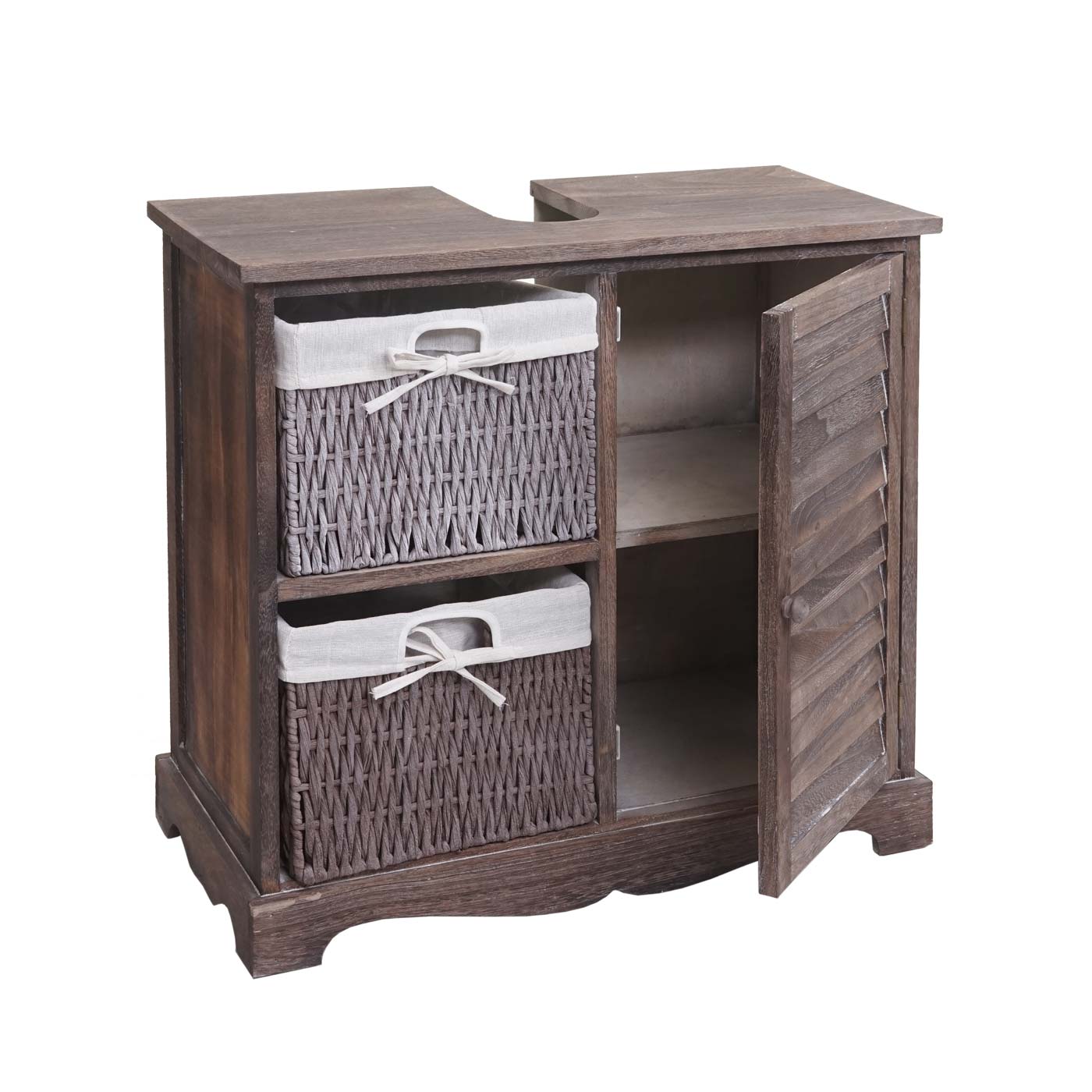 Cosmo Casa - Gootsteenonderkast met mandlade - Badkamermeubel - Massief hout - Shabby bruin - 60 x 65 x 31 cm