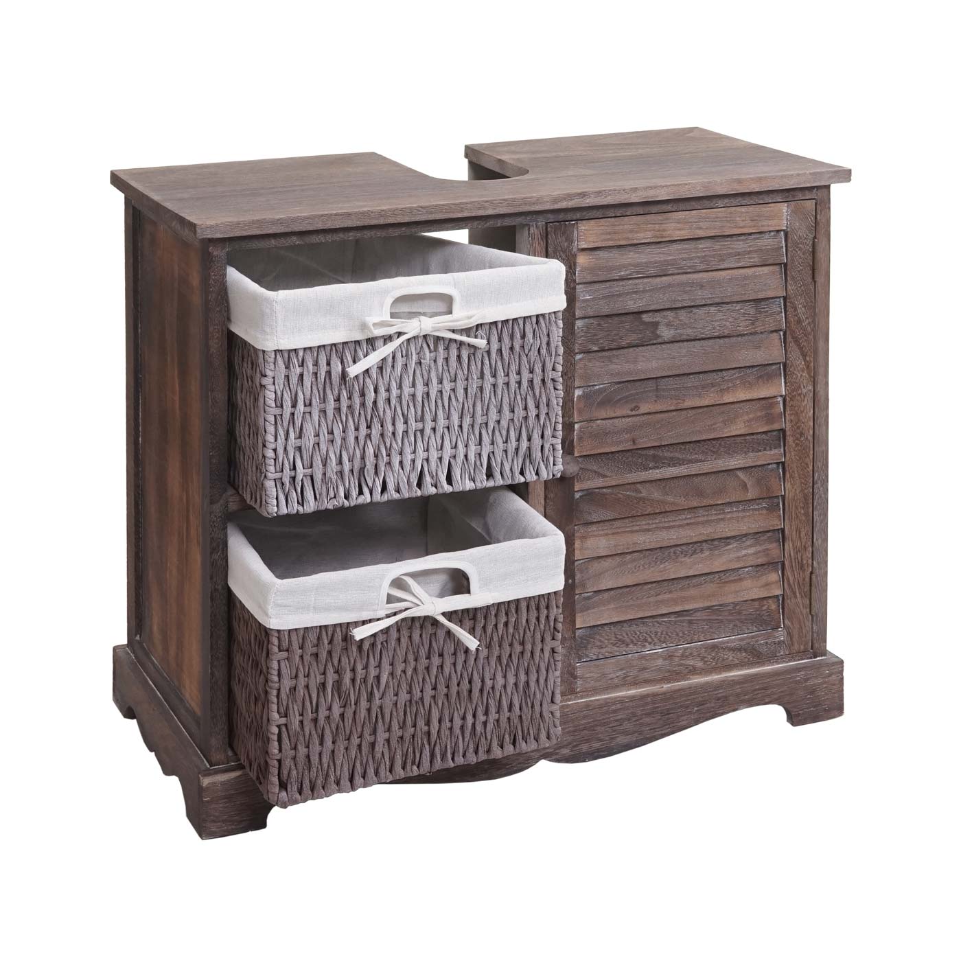 Cosmo Casa - Gootsteenonderkast met mandlade - Badkamermeubel - Massief hout - Shabby bruin - 60 x 65 x 31 cm