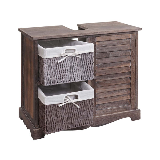 Cosmo Casa - Gootsteenonderkast met mandlade - Badkamermeubel - Massief hout - Shabby bruin - 60 x 65 x 31 cm