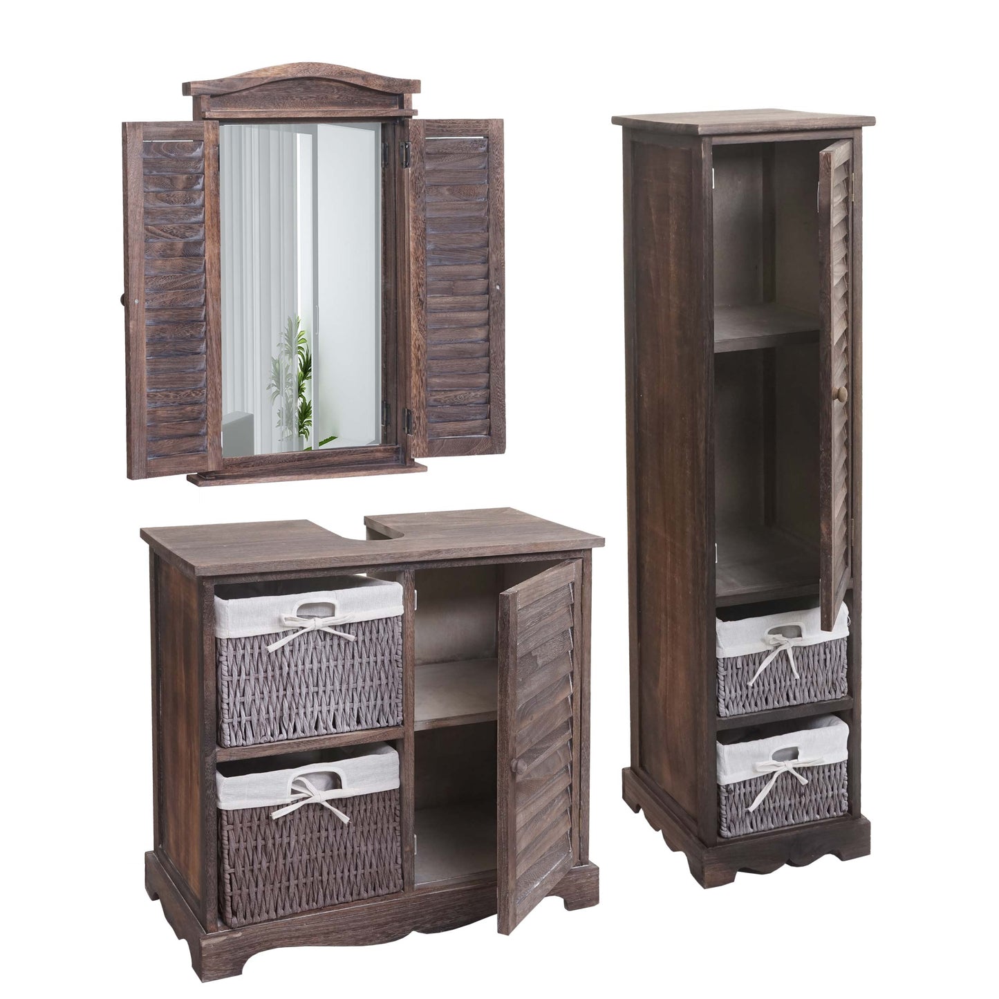 Cosmo Casa - Badkamerset - Hoge kast wastafelonderkast wandspiegel - Multi-materiaal - Shabby bruin