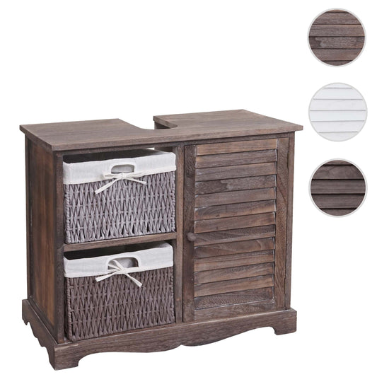 Cosmo Casa - Gootsteenonderkast met mandlade - Badkamermeubel - Massief hout - Shabby bruin - 60 x 65 x 31 cm
