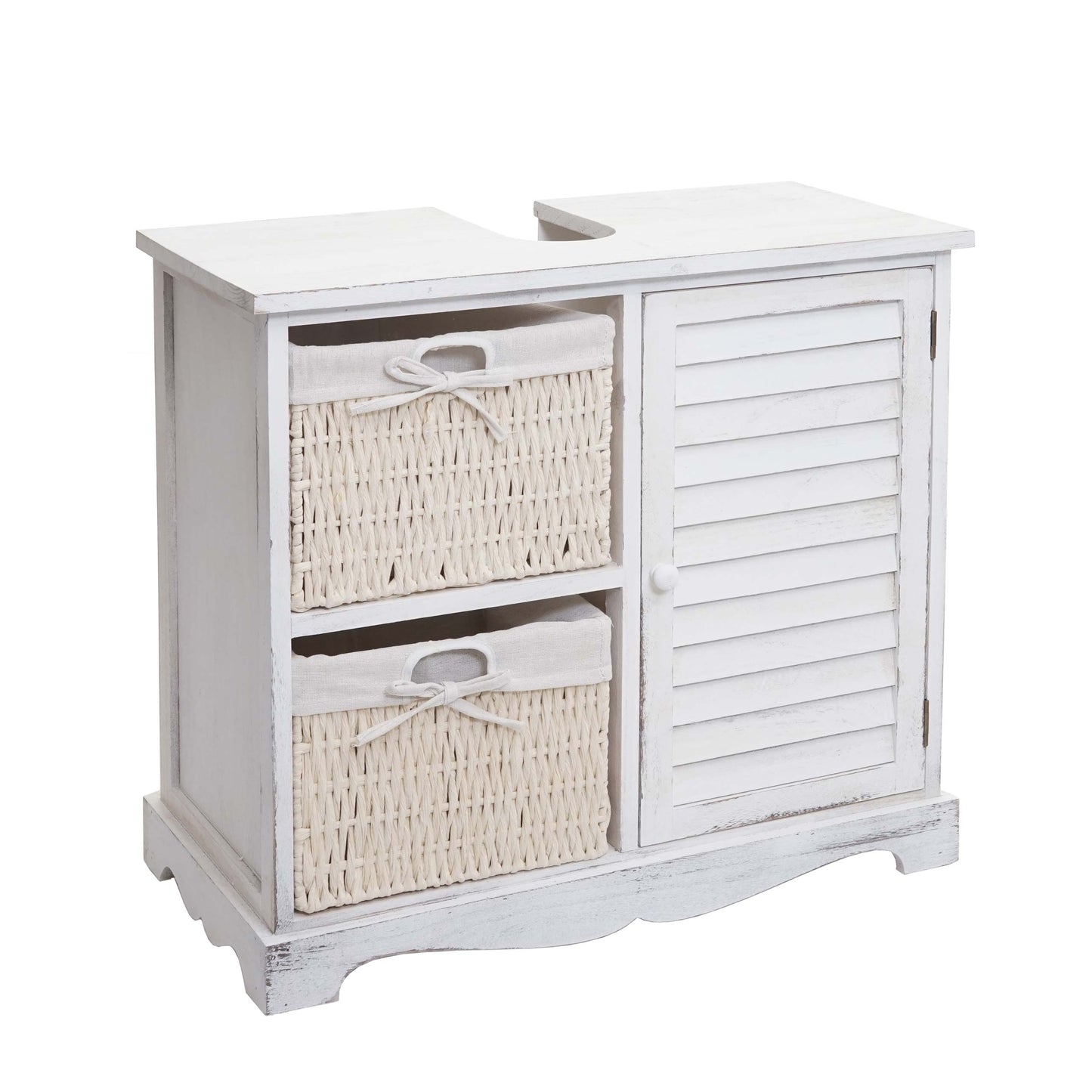 Cosmo Casa - Gootsteenonderkast met mandlade - Badkamermeubel - Massief hout - Shabby white - 60 x 65 x 31 cm