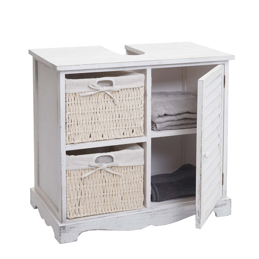 Cosmo Casa - Gootsteenonderkast met mandlade - Badkamermeubel - Massief hout - Shabby white - 60 x 65 x 31 cm