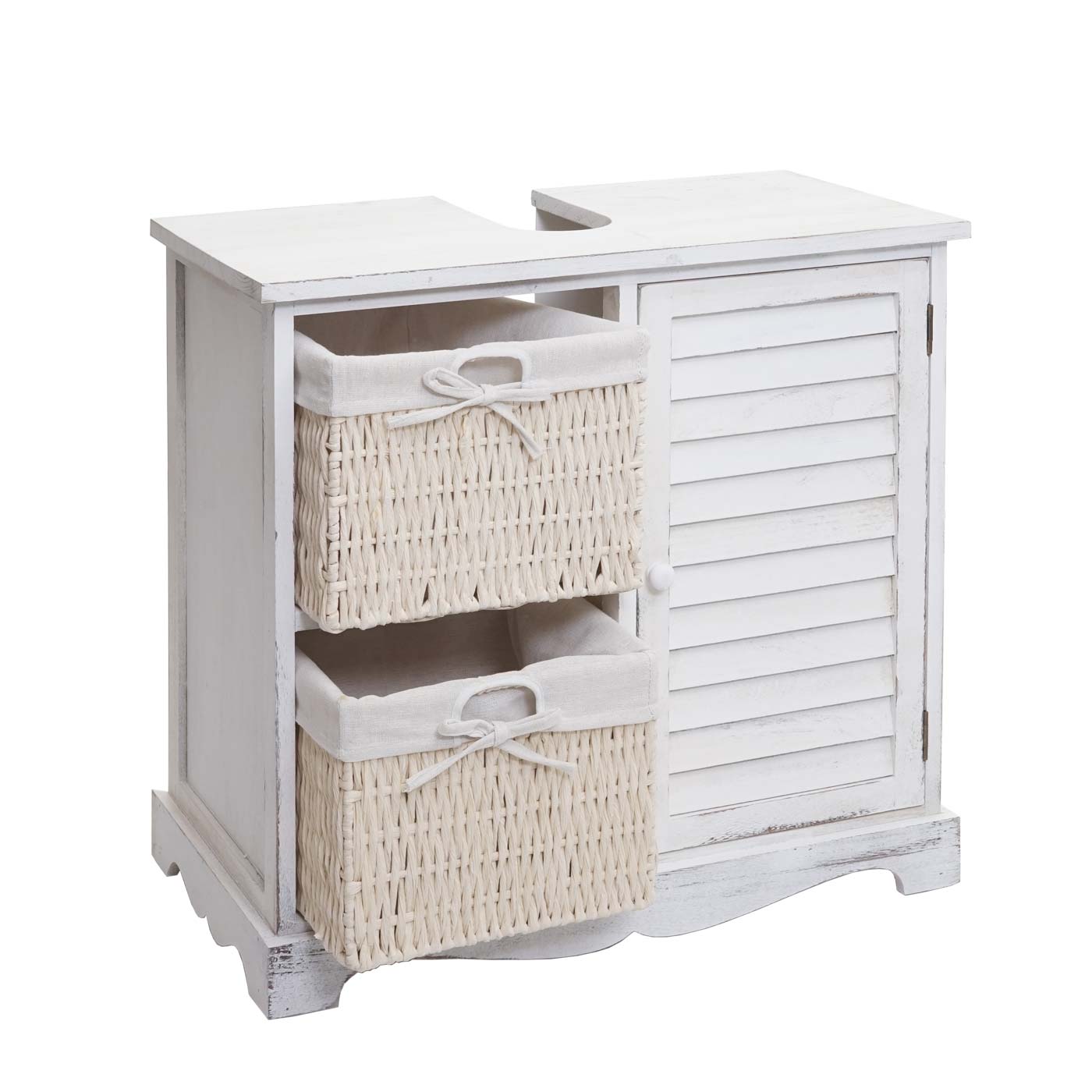 Cosmo Casa - Gootsteenonderkast met mandlade - Badkamermeubel - Massief hout - Shabby white - 60 x 65 x 31 cm