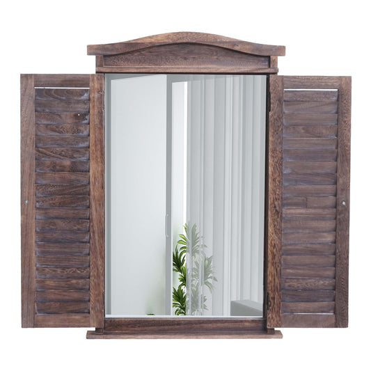 Cosmo Casa - Wandspiegel raam met luiken - Badkamerspiegel - Massief hout - Shabby bruin - 71 x 46 x 5 cm