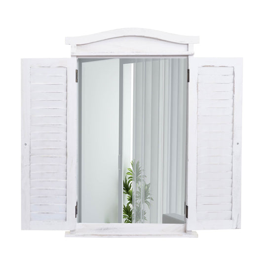 Cosmo Casa - Wandspiegel raam met luiken - Badkamerspiegel - Massief hout - Shabby white - 71 x 46 x 5 cm