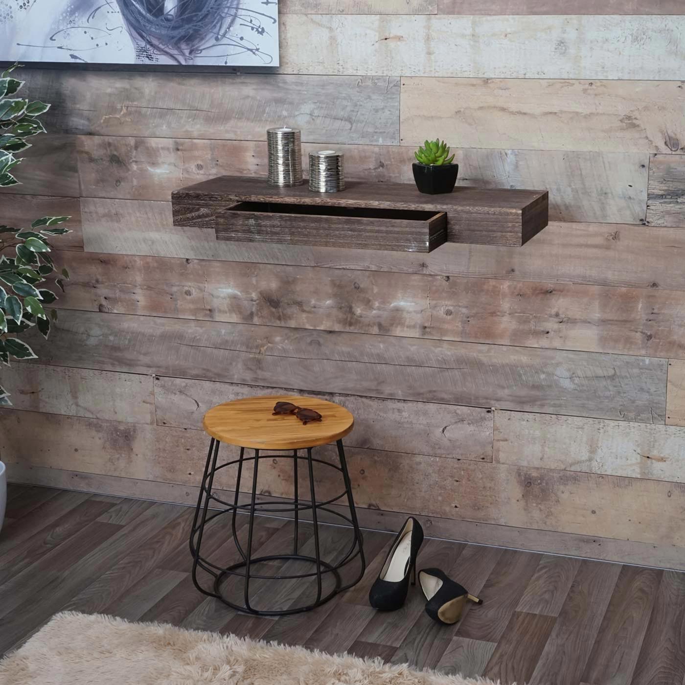 Cosmo Casa - Wandplank - Met lade - Massief hout - Wit - 80x25x8cm