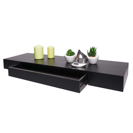 Cosmo Casa - Wandplank - Met lade - Massief hout - Zwart - 80x25x8cm