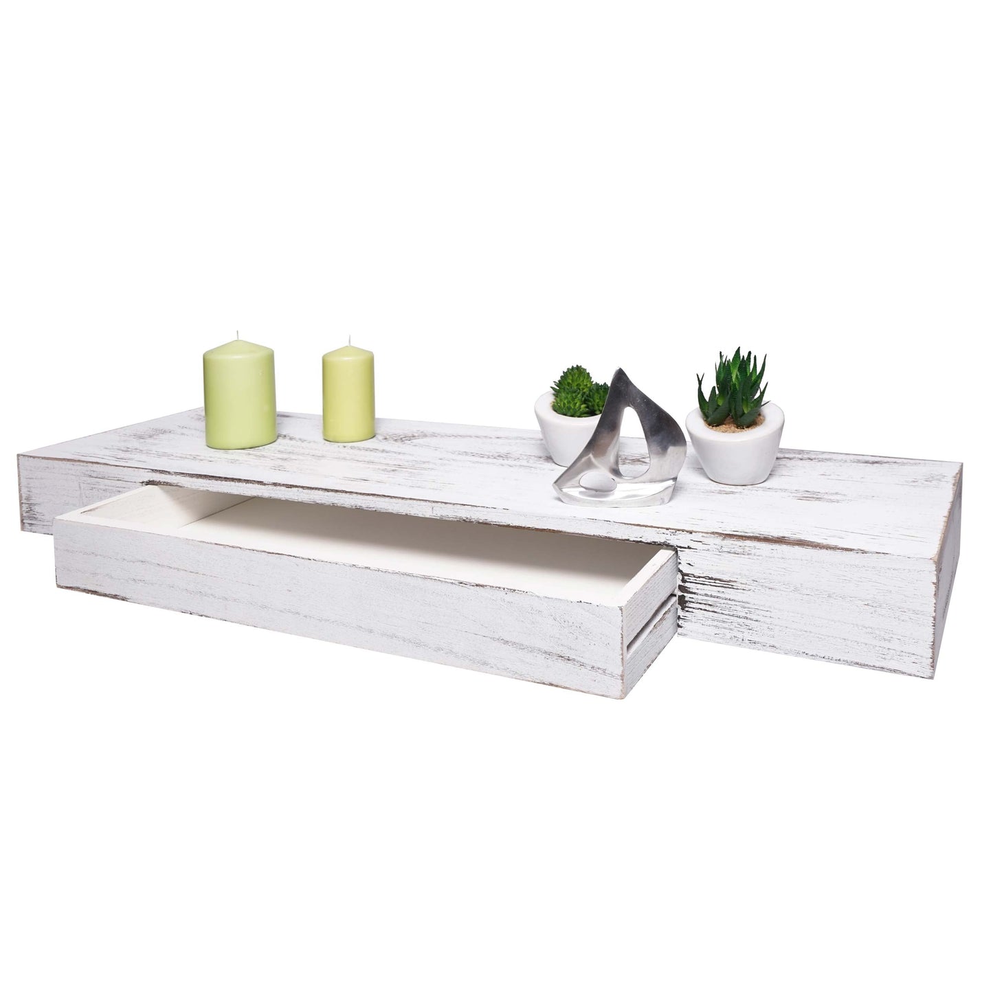 Cosmo Casa - Wandplank - Met lade - Massief hout - Wit shabby - 80x25x8cm