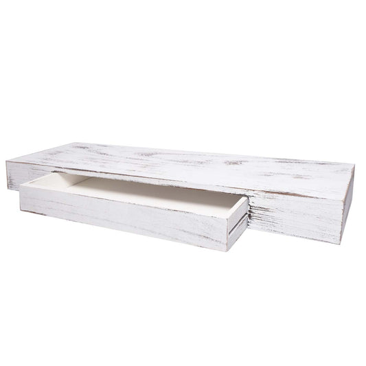 Cosmo Casa - Wandplank - Met lade - Massief hout - Wit shabby - 80x25x8cm