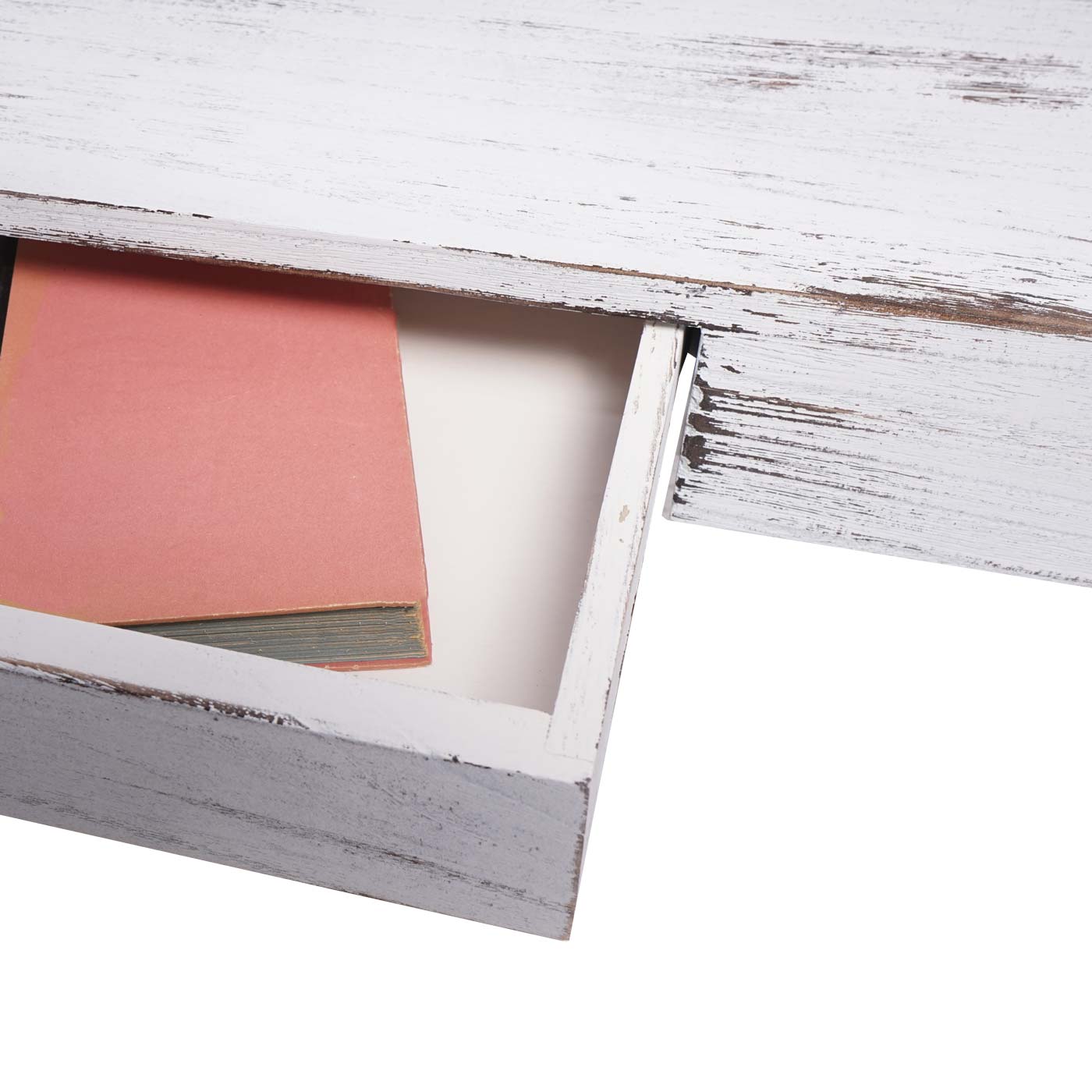 Cosmo Casa - Wandplank - Met lade - Massief hout - Wit shabby - 80x25x8cm