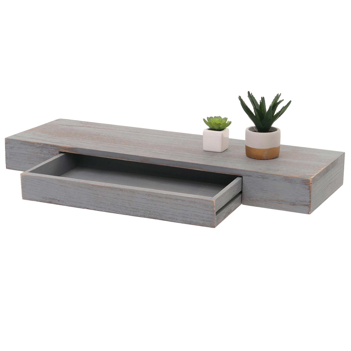 Cosmo Casa - Wandplank - Zwevende Plank - Hangplank - Lade - Massief Hout - 8x80x25cm - Grijs - Shabby Chic